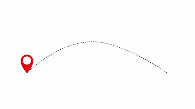 airplane flight route with red location pin. Dashed line plane route animation. Airplane flight path animation.