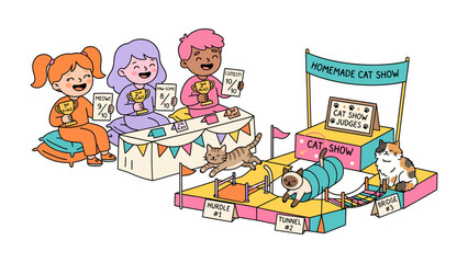 Homemade Cat Show Fun: Children cheer and award prizes at a delightful homemade cat show, celebrating furry contestants in an event filled with playful competition and adorable felines. © Nusaybah