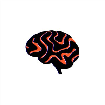 A black brain icon with glowing orange fold lines appears on white, useful for neuroscience, AI, cognition, or mental health visuals.