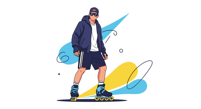 Cool young man rollerblading in casual clothes and sunglasses represents urban hobby and street sport culture.