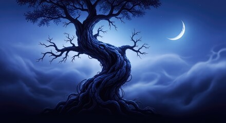 Fototapeta premium A gnarled ancient tree stands amidst a swirling indigo mist under a crescent moon, its twisted branches reaching like claws into the sky, mist, tree, fable