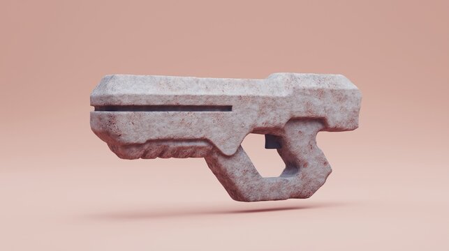 A stylized stone blaster prop floats above a peach studio surface, useful for gaming, toy, animation, or sci-fi editorial visuals.