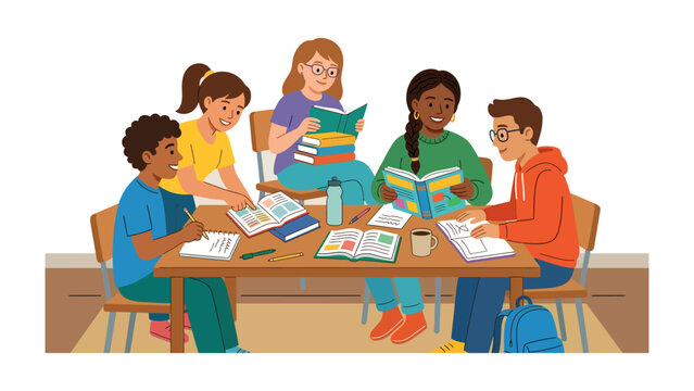 Children Studying Together: A diverse group of young students collaborates around a table, engrossed in their books and assignments, fostering a sense of shared learning and academic pursuit.