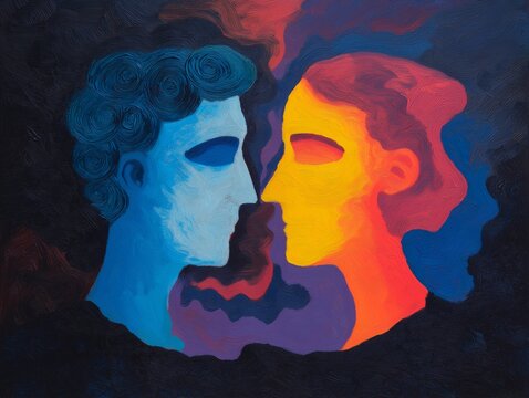 Two painted profiles face each other in blue and orange tones, suited for relationship, empathy, communication, or psychology editorial use.