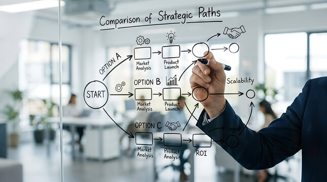 Businessman drawing a strategic decision-making flowchart on a glass board in a modern office setting, illustrating business planning and options.