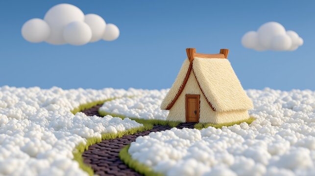 A miniature cottage sits in a soft snow field with a winding path, useful for winter travel, cozy living, or holiday promotion.