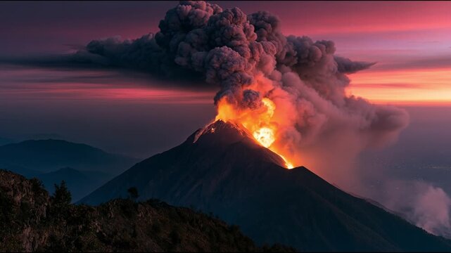 Dramatic sunset erupts with a powerful volcano spewing ash and fire