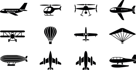 Set of twelve aviation icons featuring various aircraft, including airplanes, helicopter, hot air balloon, and airship silhouettes. © Binoba