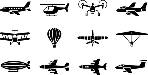 Set of twelve aviation icons featuring various aircraft, including airplanes, helicopter, hot air balloon, and airship silhouettes. © Binoba