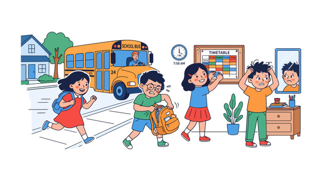 Morning Rush: Children scramble to catch the school bus on a busy morning, highlighting the chaotic yet exciting start to the school day.