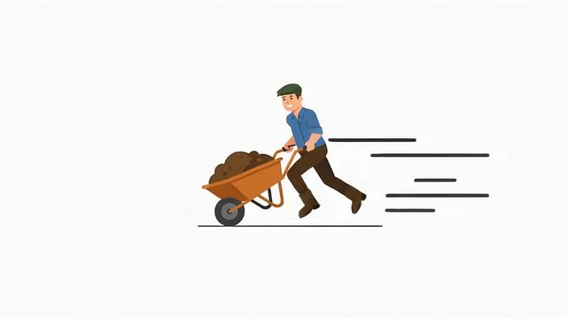 Animation of a construction worker rushing with a wheelbarrow filled with dirt.