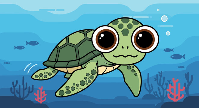Adorable cartoon sea turtle with big eyes swimming underwater.