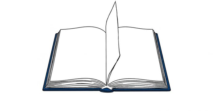 Animated illustration of an open book with turning pages on a white background