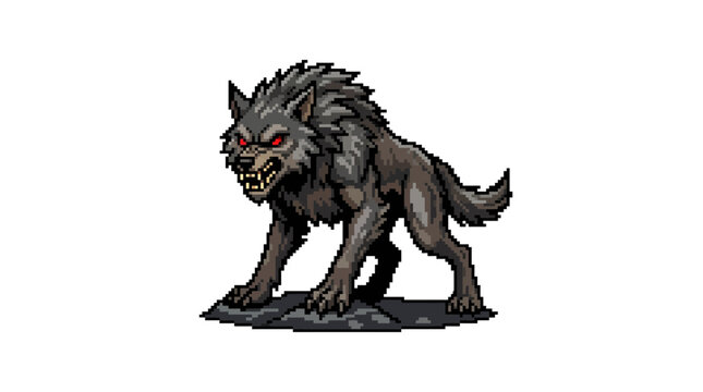 Fierce black werewolf creature pixel art character asset.