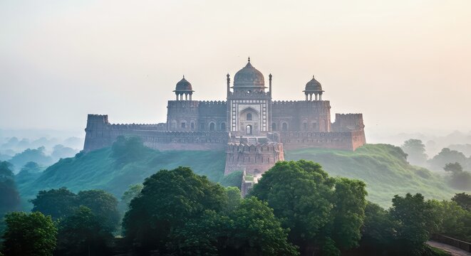 Majestic Mughal Hilltop Fort With Central Chhatri and Misty Atmosphere