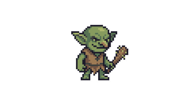 Green goblin character holding wooden club pixel art.