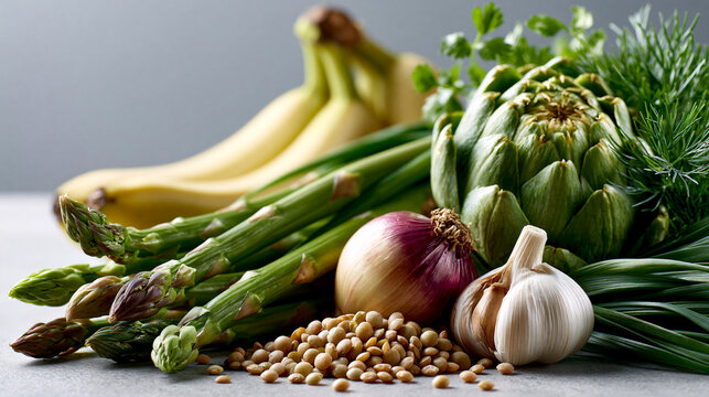 Prebiotic fiber harvest with asparagus artichoke garlic onion banana lentils and herbs showcasing gut health and food for medicine