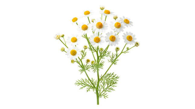 Beautiful bunch of fresh chamomile flowers with white petals and yellow centers isolated illustration
