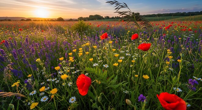 Colorful Wildflower Field During Sunset With Vibrant Blooming Flowers and Green Foliage.
