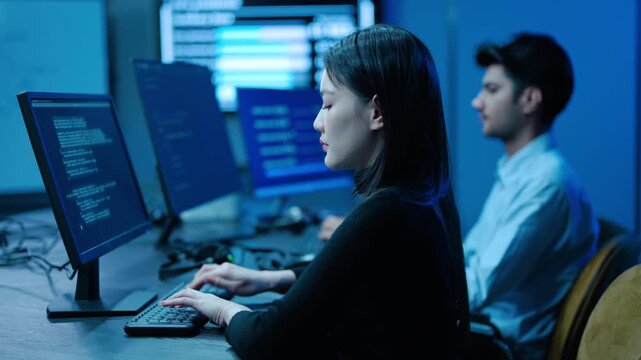Focused young Asian female software developer typing code on computer monitor in dark tech office at night, while colleague works in background. Cyber security and computer programming team concept.