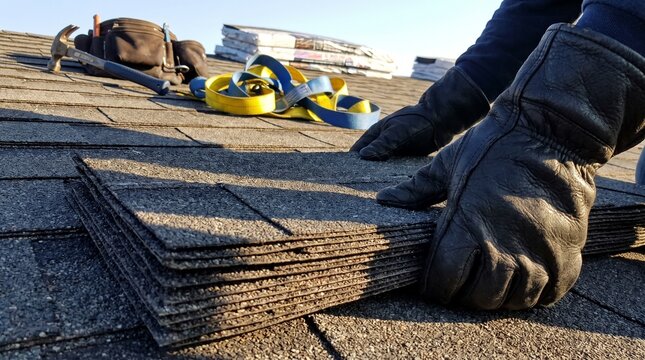 Hands Holding Stack of Asphalt Shingles  Roofing Materials Ready