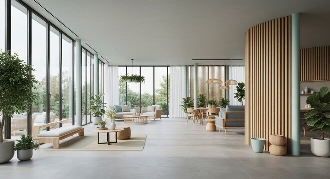 Modern minimalistic open plan living area with panoramic windows wood accents and indoor greenery.