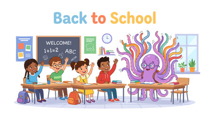 Back to School Fun: Children with raised hands eagerly await their turn, while a whimsical octopus teacher with vibrant tentacles leads the lesson in a colorful classroom. © azizunnahar
