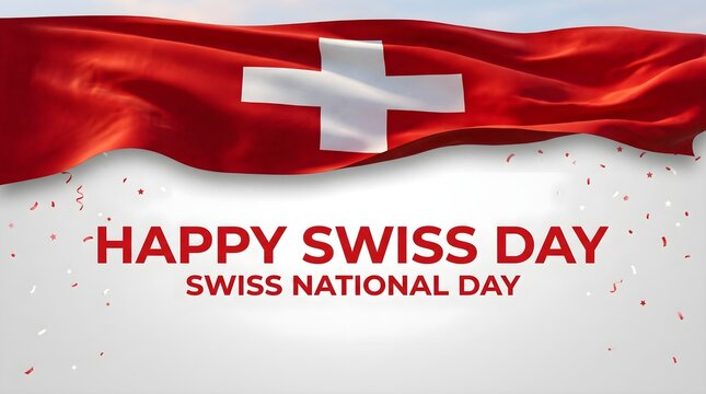 Festive swiss national day celebration with waving flag confetti and bold text on a bright sky backdrop