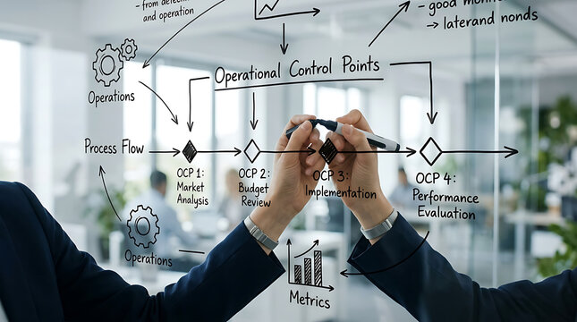 Two business people collaborating on a strategic operational control points flowchart on a clear glass board in a modern office environment.