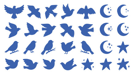 Fototapeta premium Flying Bird Silhouette Collection with Moon and Night Sky Elements