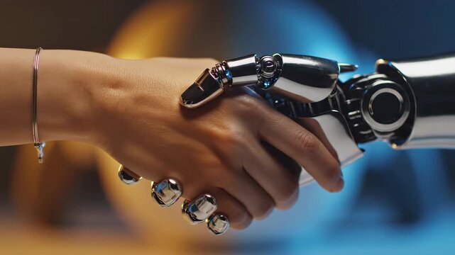 Human hand reaching out to robotic hand in a close-up interaction, showcasing the connection between technology and humanity in a softly lit environment