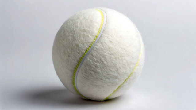 Close up of single white tennis ball with green seam on plain background