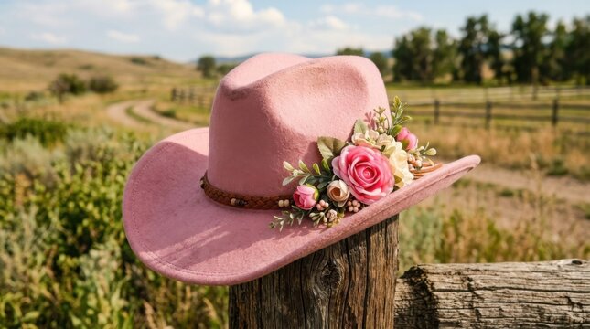 Pink Cowboy Hat Decorated with Floral Arrangements Resting on a Wooden Post in a Rural Landscape