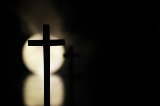 Cross Silhouette Against Moonlight - Spiritual Symbolism and Night Sky Photography