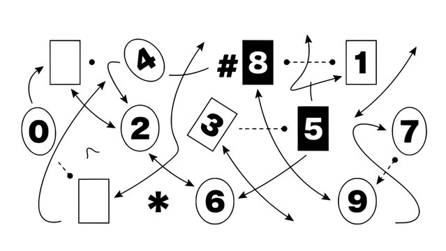 Numbers Network Diagram with Arrows and Geometric Shapes, Monochrome Vector Illustration for Math Concept and Education Design