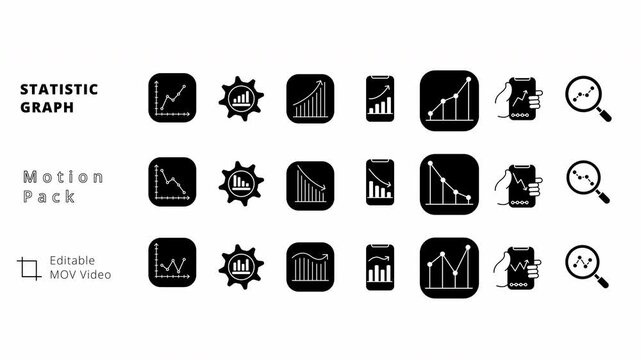 Statistics graph icon set in solid black glyph style. Business data analysis, finance growth, and market trend  motion grapic animation