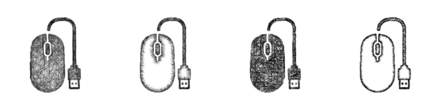 Black and white sketch usb mouse icon design set