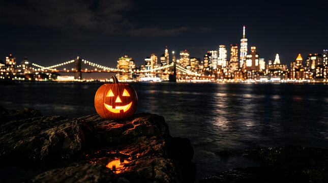 Glowing jack-o'-lantern on rocky shore with city skyline at night halloween pumpkin