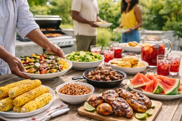 Fototapeta premium Outdoor courtyard backyard bbq party food spread with grilled corn watermelon