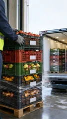 Harvesting fresh produce in stacked crates being loaded onto a truck © dvoevnore