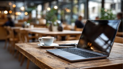 Fototapeta premium Laptop on wooden table with empty screen, minimalist workspace, clean desk with device and blank monitor, defocused background, professional digital mockup for presentation