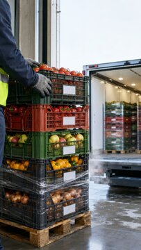 Harvesting fresh produce in stacked crates being loaded onto a truck