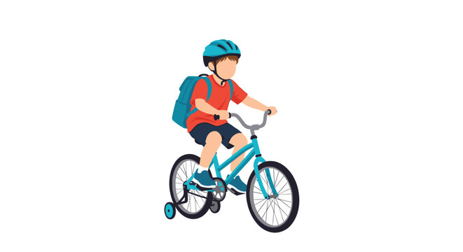 Young boy wearing a helmet and a backpack riding his blue bicycle with training wheels on a white background for school commute.