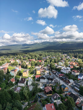 The town of Szklarska Poręba in the Karkonosze Mountain panorama