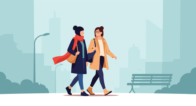 Two women walking and talking together in a stylized city park with buildings and a bench in the background for lifestyle.
