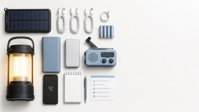 Disaster preparedness equipment with lantern, radio, and batteries on white background