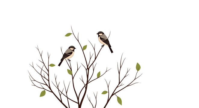 Two small birds are perched on the thin, sparse branches of a tree that has very few small green leaves remaining.