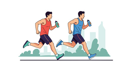 Obraz premium Two athletic men in running gear carry water bottles while jogging through a city park with a stylized skyline visible in the back.