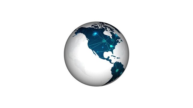 Global network connection animation with glowing dots and lines on rotating world globe white background