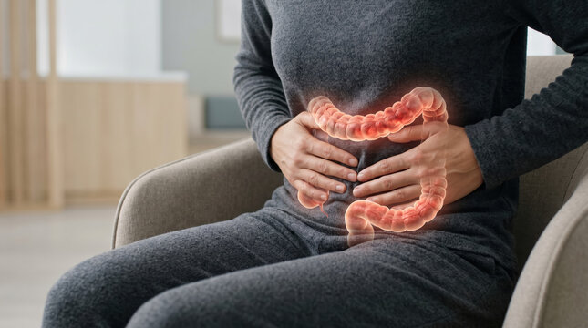 Inflammatory bowel disease concept showing person holding stomach with highlighted colon pain and ibd symptoms